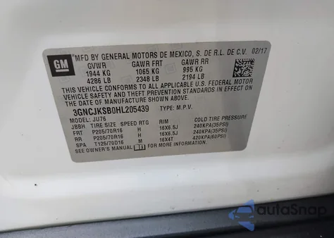 2017 Chevrolet Trax Ls из США, поврежденный, VIN 3GNCJKSB0HL205439